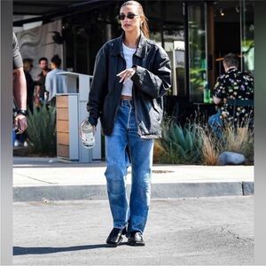 Vintage Leather jacket Zip up oversized coat men's size medium - black